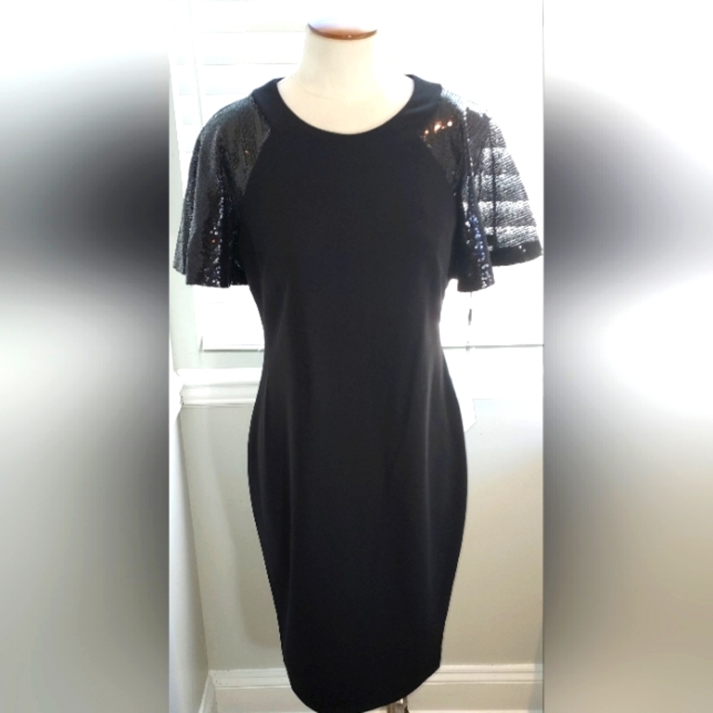 Calvin Klein Black Sequined Butterfly Short Sleeve Evening Dress NWT